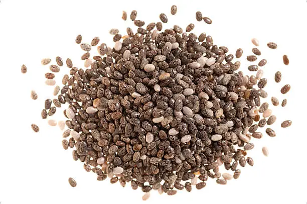 A pile of chia seeds, isolated on white.