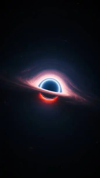 Giant singularity in outer cosmos. Vertical astrophysics 3d illustration background. Interstellar black hole with glowing rotating accretion disk. Background cosmos of wormhole warped in curved space.