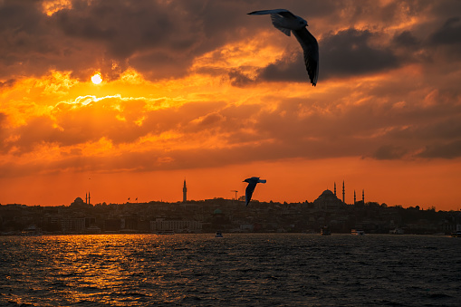 Suleymaniye Mosque on sunset in Istanbul. View from a cloudy day in Istanbul