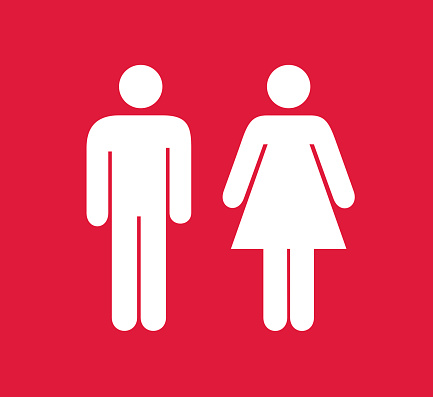 Modern red and white female and male restroom sign, square composition with copy space and clipping path included