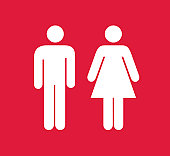 Red and white square male and female restroom sign