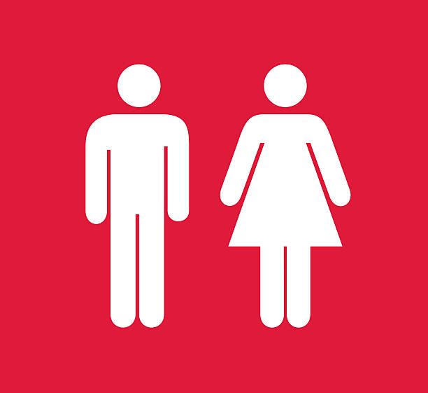 Red and white square male and female restroom sign Modern red and white female and male restroom sign, square composition with copy space and clipping path included gender symbol stock pictures, royalty-free photos & images