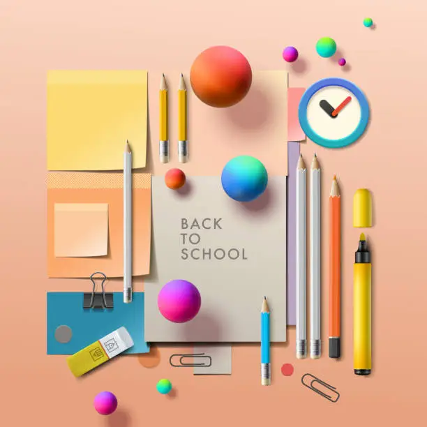 Vector illustration of Assorted school and office colorful stationery supply on pastel trendy background as knolling. Flat lay with copy space for back to school or education, vector illustration