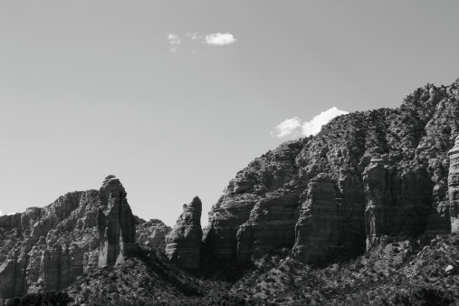 Red rock mountians in Sedona Arizona done in monochrome.