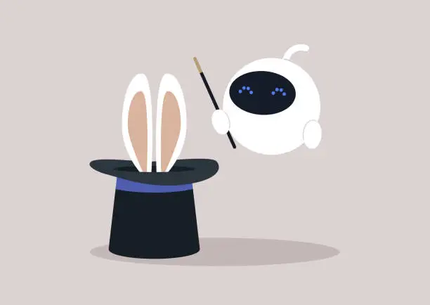 Vector illustration of Cute white robot doing a trick with a hat and a pair of rabbit ears inside, a magic wand in his hand