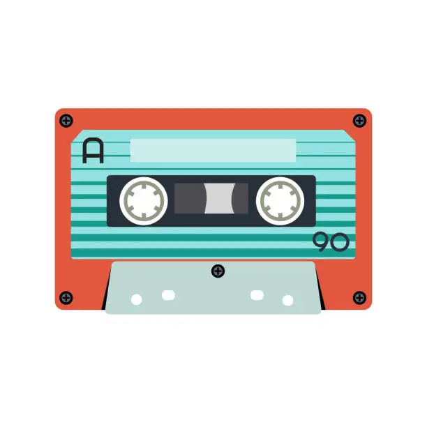Vector illustration of Retro music cassette. Stereo DJ tape, vintage 90s cassettes tapes and audio tape. antique radio play cassette, 1970s or 1980s rock music mix audiocassette.