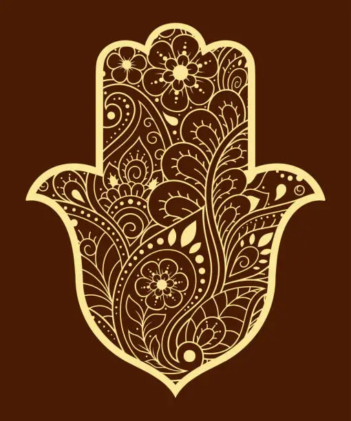 Vector illustration of Hamsa hand drawn symbol with flower. Decorative pattern in oriental style for interior decoration and henna drawings. The ancient sign of 