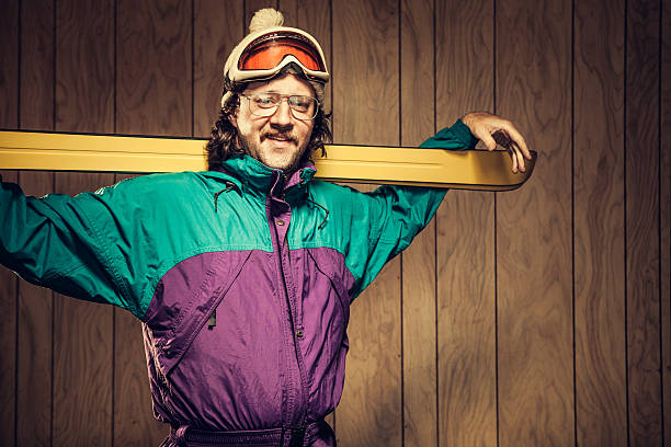 lustige ski bum in der lodge - kitsch men ugliness humor stock-fotos und bilder