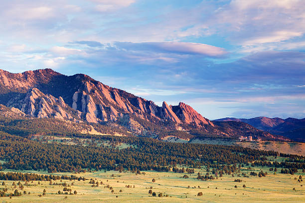 Boulder Flatirons at Sunrise stock photo