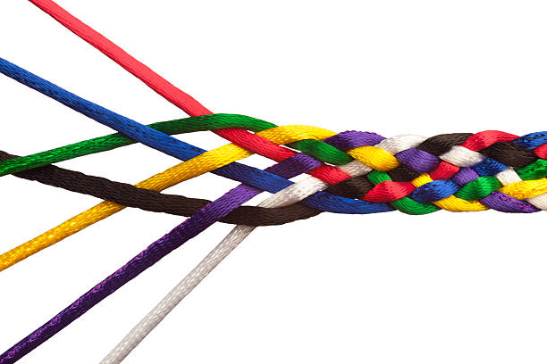 Individuals Joining Together As Team, Union, Family or Network. These colorful strings symbolize people joining together to form a tightly knit group or institution; bound together in unity of common purpose, and greater than the sum of it's parts.
