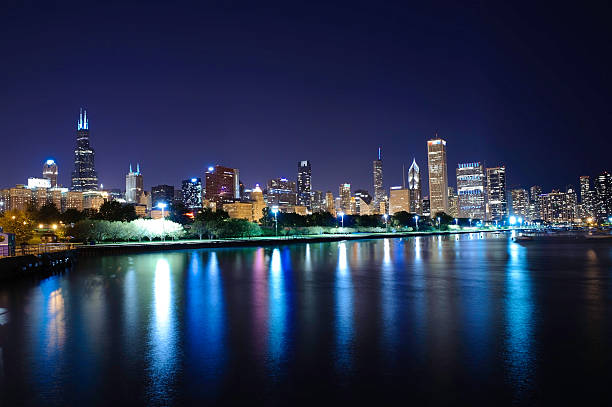 Chicago Skyline at Night stock photo