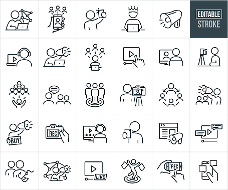 A set of social media and influencer marketing icons that include editable strokes or outlines using the EPS vector file. The icons include a social media marketer at laptop marketing to masses using social media, hand holding mobile phone using social media to market to multiple people at once, influencer taking selfies to post, social media influencer wearing crown working on computer, bullhorn, person with headphones watching an online video, social media influencer shouting through bullhorn while at computer, social media being using by person at laptop to market to multiple potential customers, hand clicking playhead of online video, potential customer at computer being marketed to by an influencer he is watching, influencer recording herself as a form or marketing, social influence, person chatting with multiple people, customers in bulls-eye of target, social media influencer using a DSLR camera to record themselves promoting a product, social media influencer shouting through bullhorn to network of people, social media influencer holding a 