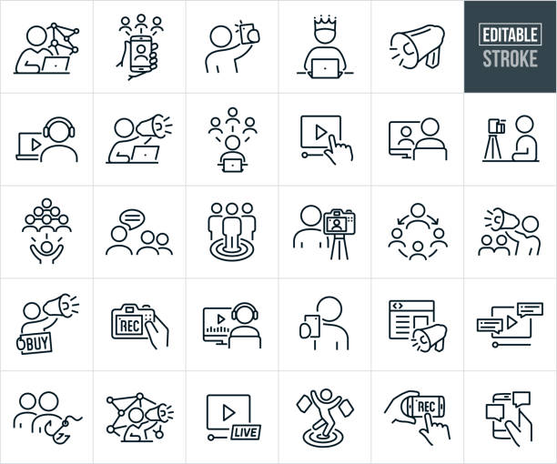 Social Media And Influencer Marketing Thin Line Icons - Editable Stroke A set of social media and influencer marketing icons that include editable strokes or outlines using the EPS vector file. The icons include a social media marketer at laptop marketing to masses using social media, hand holding mobile phone using social media to market to multiple people at once, influencer taking selfies to post, social media influencer wearing crown working on computer, bullhorn, person with headphones watching an online video, social media influencer shouting through bullhorn while at computer, social media being using by person at laptop to market to multiple potential customers, hand clicking playhead of online video, potential customer at computer being marketed to by an influencer he is watching, influencer recording herself as a form or marketing, social influence, person chatting with multiple people, customers in bulls-eye of target, social media influencer using a DSLR camera to record themselves promoting a product, social media influencer shouting through bullhorn to network of people, social media influencer holding a "buy" sign promoting a product while shouting through bullhorn, social media influencer editing a video for posting online, customer being hooked by marketing tactics, live online video used as a marketing tool, shopper with shopping bags in bulls-eye of target, recording a video using a smartphone and an online social media chat from a smartphone. communication communication technology stock illustrations