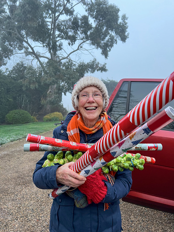 On a misty winters day a  senior adult woman is standing next to an open car door. She is holding in her arms multiple rolls of Christmas wrapping paper and a stalk of sprouts. She is laughing at the camera and is wearing winter clothing.