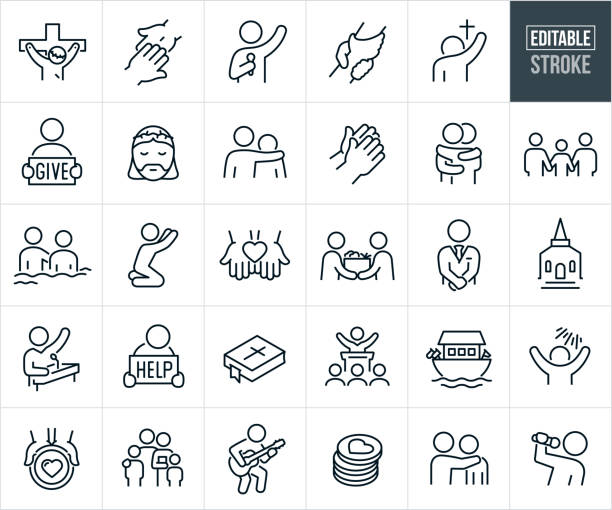 Faith, Worship And Christianity Thin Line Icons - Editable Stroke A set of faith, worship and Christianity icons that include editable strokes or outlines using the EPS vector file. The icons include Jesus Christ on the cross, hand touching nail prints in Christ's hand, pastor holding microphone giving sermon, clasped hands in rescue, worshiper with head down and hand raised to the cross, person holding a "give" sign, Jesus Christ wearing a crown of thorns, person with arm around the shoulder of a downtrodden person, hands praying, two people hugging, family holding hands, person being baptized in the water, person kneeling with arms raised in prayer, hands holding out a heart representing love and charity, person receiving food assistance from a church member, church pastor with hands crossed at the wrist, church building, minister or pastor at pulpit giving sermon, sad person holding a "help" sign, holy bible, worshipers in meeting with pastor giving speech, Noah's ark, person with arms raised reaching for the light above, hand holding out a plate for assistance, family together attending church, person playing worship music using a guitar, stack of coins given as tithing or a charitable contribution, church goer consoling church member by placing hand on shoulder and a person singing worship music. Worshipper stock illustrations