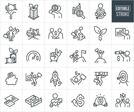 A set of business growth icons that include editable strokes or outlines using the EPS vector file. The icons include a business person planting seeds to grow money, business building with plant growing from top to represent business growth, businessman using magnifying glass to find financial success, magnifying glass over upwards bar graph showing financial growth, business person holding a target with an arrow in the bullseye, businesswoman holding a briefcase and wearing a cape, hand protecting a plant with a dollar sign, two business people making a deal with a handshake, businessman running upwards while holding his briefcase, dollar sign growing, business person giving a successful sales report, business hand holding cash with a plant growing from it, financial goal meter showing growth, business hand pointing upwards, businesswoman climbing mountain to flag on top, business woman with arms raised standing a top of the summit of a mountain, businessman looking through telescope for financial success, piggy bank receiving coins, business person jumping for joy over business success, rocket ship launching, businessman carrying ladder while holding briefcase, arrow in bullseye of target, calculator with positive financial charts, maze with an in and out arrow, business person holding an arrow pointing up, financial growth, two overlapping lightbulbs with dollar sign in center and two business people with arms raised and arrow pointing upward representing business growth.