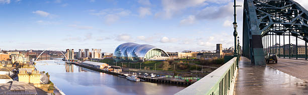 Panoramic of Newcastle and Gateshead quayside Panorama of the river tyne and its iconic bridges from the Tyne bridge northeastern england stock pictures, royalty-free photos & images