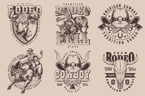 Rodeo show set stickers monochrome with bull skull and American male riders participating in traditional races vector illustration