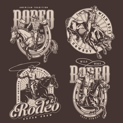 Rodeo festival set posters monochrome with wild bull and jumping horse near cowboys using lasso vector illustration