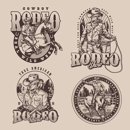 Rodeo event set posters monochrome with guys with lasso or revolvers and horses to participate in cowboy show vector illustration