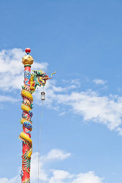 istock Dragon on pole of church with blue sky 155607303