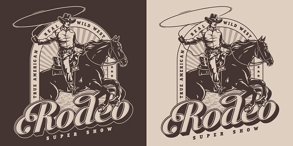 Super rodeo monochrome vintage sticker with horse rider using lasso during traditional competition in wild west arena vector illustration