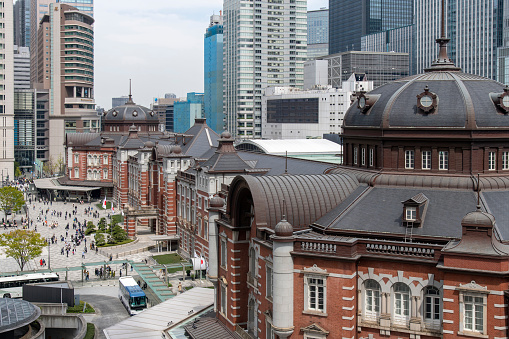Tokyo, Japan-April 2023; High angle view of the South, North and Central Gate or Entrance of Tokyo Station on the Marunouchi side with Marunouchi Ekimae square