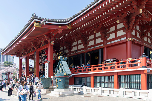 Tokyo, Japan- 1 April 2023; Buddhist Senso-ji Temple or Asakusa Kannon in Asakusa, Taito City ward with tourists and local around temple