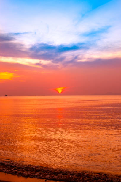istock Sea coast with orange sunset. Beautiful vertical seascape 1556118190