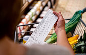 Woman looking at a receipt after shopping at the supermarket