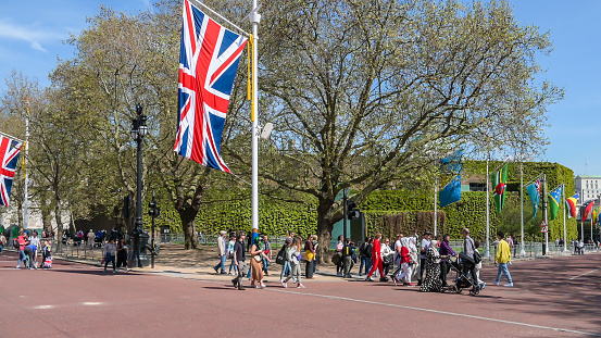 London, UK,  29 April 2023:  The flags are flying in preparation for the Coronation of King Charles III