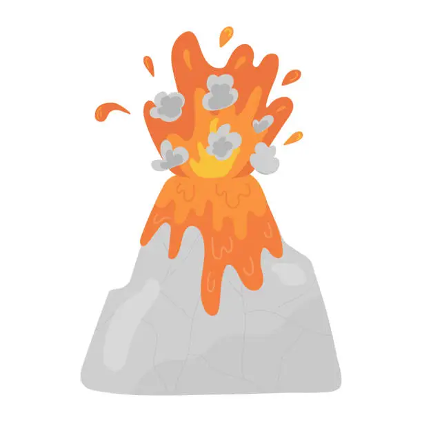 Vector illustration of Volcanic eruption with flowing lava as natural cataclysm. Hot burning magma approach, splash and spreading of lava