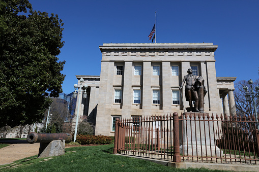 Raleigh, NC, USA - March 5, 2023: The North Carolina State Capitol in Raleigh. Raleigh is the capital city of the state of North Carolina.