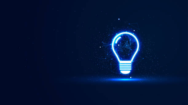 istock Futuristic glowing light bulb with plexus lines and glitter particles. The bulb in the neon light style. Digital technology background. Creative industry, bright digital innovation concept 1556181278