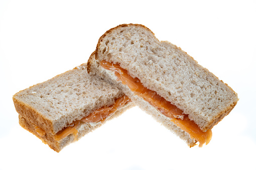 Smoked salmon and cream cheese sandwiches - white background