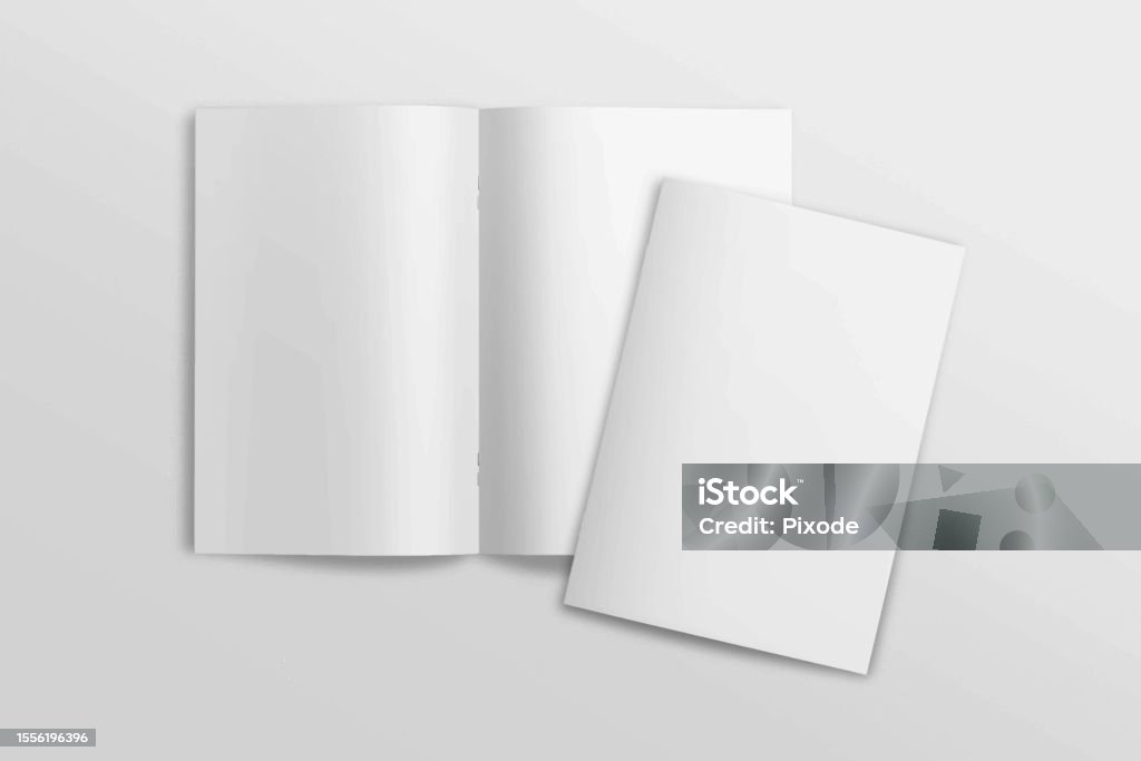 Copertina realistica dall'alto e copertina verticale aperta A4 o A5 o libretto di brochure per cancelleria e branding. Modello di mockup isolato sfondo chiaro e sovrapposizione di ombre foglia. Vettore di rendering 3D. - arte vettoriale royalty-free di Modello dimostrativo Copertina realistica dall'alto e copertina verticale aperta A4 o A5 o libretto di brochure per cancelleria e branding. Modello di mockup isolato sfondo chiaro e sovrapposizione di ombre foglia. Vettore di rendering 3D. - arte vettoriale royalty-free di Modello dimostrativo