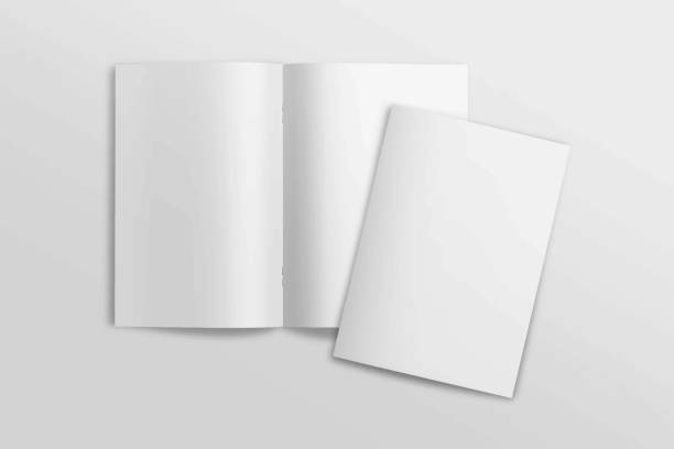 istock Realistic top view cover and opened portrait A4 or A5 magazine or brochure booklet for stationery and branding. Mockup template isolated light background and leaf shadow overlay. 3D rendering vector. 1556196396