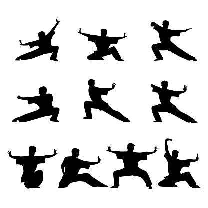 Vector set of wushu. Wushu positions. Design elements and icons. Flat vector illustration isolated on white background