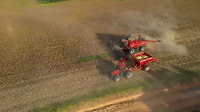Aerial image of harvester harvesting soybeans