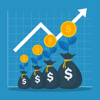 Return on investment ROI concept. Money bag and dollar plant coins. Chart to increase profits. business growth arrows. Vector illustration banner flat design.