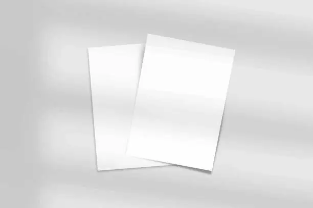 Vector illustration of Two Blank Mockup A4 Paper Leaflet, Flyer, Broadsheet, Follicle, Presentation with Leaf Shadow overlay. 3D Vector Illustration Isolated On White Background.