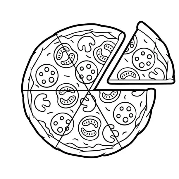 Vector illustration of Tasty pizza slice separated. Delicious fast food meal. Illustration for cafe menu.
