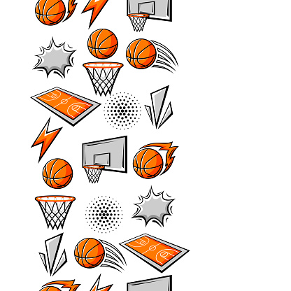 Pattern with basketball items. Sport club illustration. Healthy lifestyle background in cartoon style.