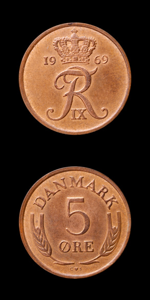 Five Ore Danish coin from 1969