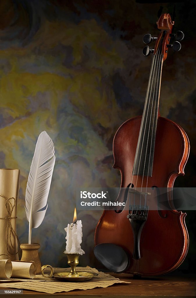 composition of violin and antique items Antique Stock Photo