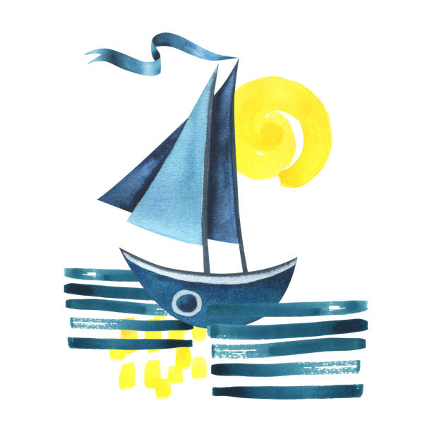 istock Sailing blue boat with a ribbon floating on the water with a yellow sun. Watercolor illustration hand drawn in a simple abstract childish style. Isolated composition on a white background. 1556291532