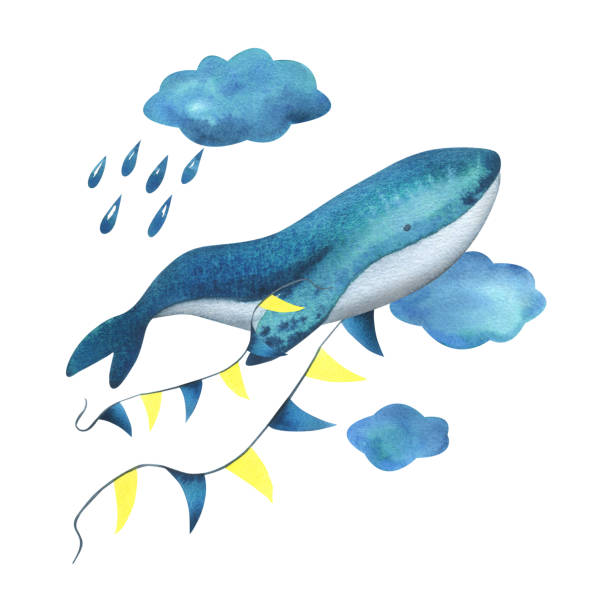 Turquoise whale in the clouds with a garland of flags among the clouds with raindrops. Watercolor illustration hand drawn in a simple childish style. Isolated composition on a white background. Turquoise whale in the clouds with a garland of flags among the clouds with raindrops. Watercolor illustration hand drawn in a simple childish style. Isolated composition on a white background disney character free background stock illustrations