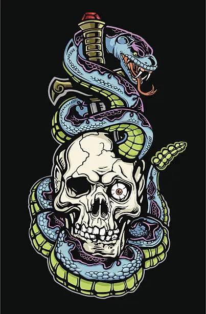 Vector illustration of Skull Snake and Dagger Tattoo Color