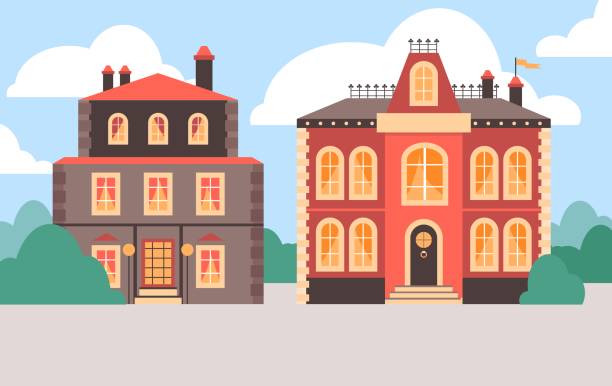 Bright colorful victorian buildings flat style, vector illustration Bright colorful victorian buildings flat style, vector illustration. Historical period, culture and architecture, exteriors and facades of buildings, victorian era victorian house stock illustrations