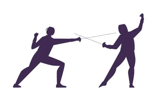 Vector illustration of Vector isolated silhouette of Fencing players illustration on white background, Fencing duel competition event, fighting